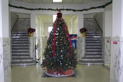 1914 Kleberg County Courthouse foyer with christmas tree, Kingsville TX