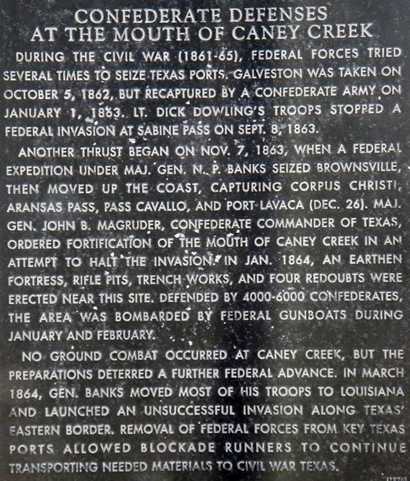 Sargent Texas historical marker - Confederate Defenses at the Mouth of Caney Creek
