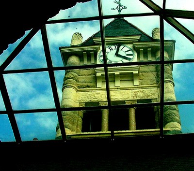 Victoria County Courthouse clocktower through the atrium, Victoria Texas