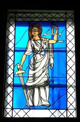 Justice in stained-glass, Schleicher County courthouse,  Eldorado Texas