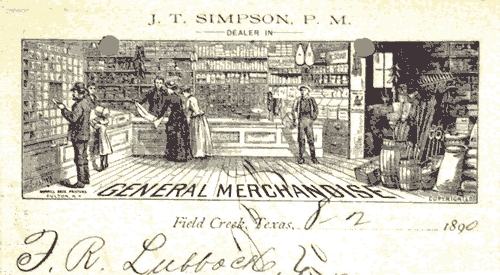 J. T. Simpson General Store, Field Creek, Texas letterhead 