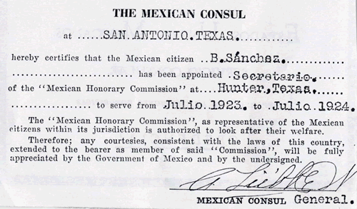 Mexican Honorary Commission  document from Mexican Consul, 1923