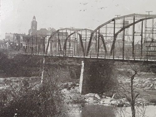 Llano TX, view of Llano CountyCourhouse from Llano River Bridge