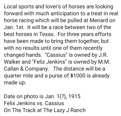 Menard TX - Horse Race, January 1915 