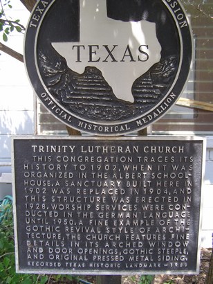 Trinity Lutheran Church historical marker, Stonewall Tx  