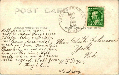 Valley Spring Texas, Llano County 1910  postmark