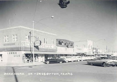 Crosbyton, Texas - Berkshire Street showing  Lamar Building. Lowrie Drugs