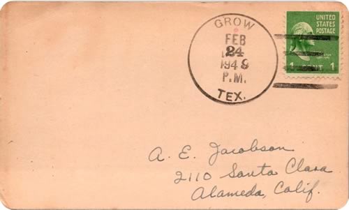  Grow, TX , King County, 1949 postmark