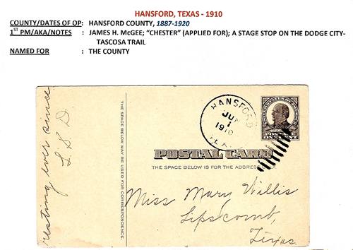 Hansford TX 1910 Postmark