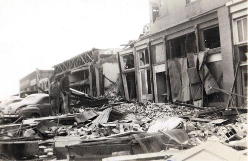 Higgins main street after tornado, Higgins Texas 1947