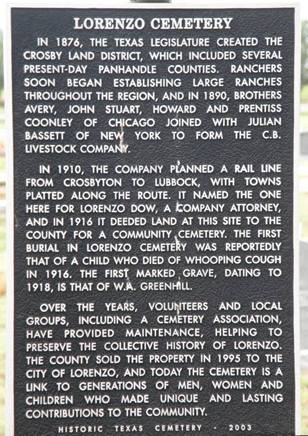 Lorenzo Tx - Cemetery Historical Marker