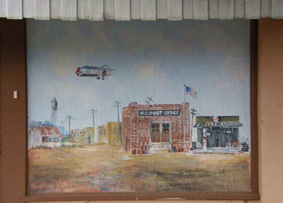 Lorenzo Tx Painted Wall Mural street scene- helicopter over post office, old gas statiion, water tower 