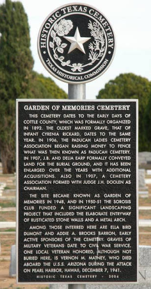 Paducah TX - Cottle County Garden Of Memories Cemetery Historical Marker
