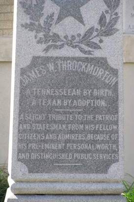 James Webb Throckmorton Statue inscription, Collin County Courthouse lawn, McKinney Texas