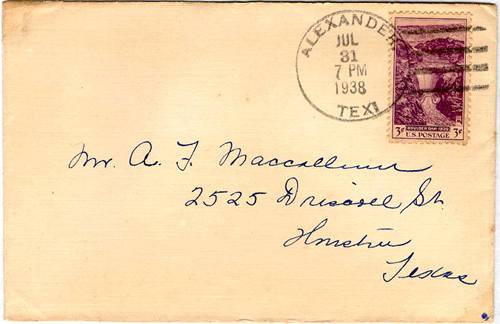 Alexander TX cover with  1938 Postmark