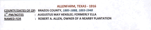 Allenfarm, TX Brazos County  1916 Postmark info