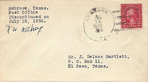 Ambrose, TX Grayson County 1930 Postmark, Last Day Cover