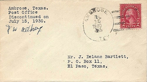 Ambrose, TX Grayson County 1930 Postmark, Last Day Cover
