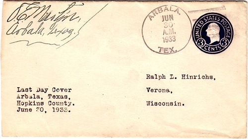 Arbala TX -1933  last day cover