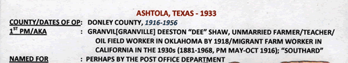 Ashtola TX Donley County 1933 Postmark