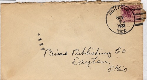Ashtola TX Donley County 1933 Postmark