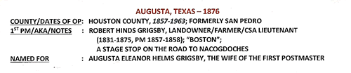 Augusta TX Houston Co 1876 Postmark