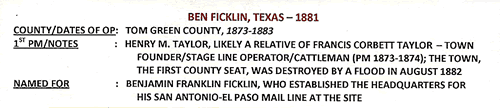 Ben Ficklin TX, Tom Green Co, 1881 Postmark