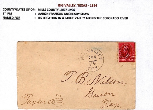 Big Valley, Texas Mills County 1894 post mark