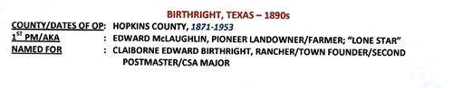 Birthright, Texas 1890s postmark
