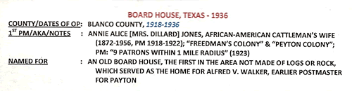 Board House, Blanco County,  TX 1936 Post office info