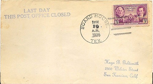 Board House, Blanco County,  TX 1936 Last Day Postmark