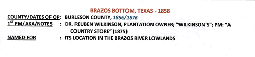 Brazos Bottom, TX Burleson County 1858 Postmark info