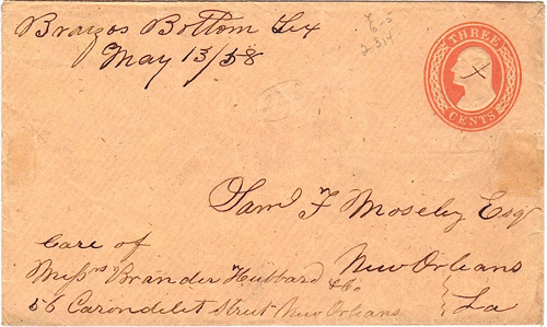 Brazos Bottom, TX Burleson County 1858 Postmark
