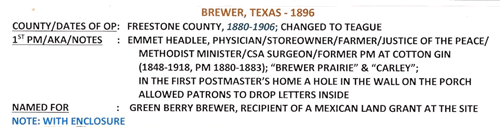 Brewer TX Freestone County town &amp; post office info