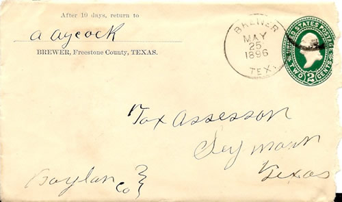 Brewer TX Freestone County 1896 Postmark