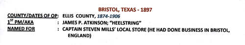 Bristol, TX , Ellis County, 1897 town & post office info