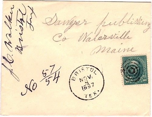 Bristol, TX , Ellis County, 1897 cancelled postmark