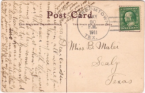 Broomtown TX, Austin County postcard with 1911 Postmark