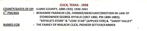 Click TX, Llano Co 1938 Postmark  info