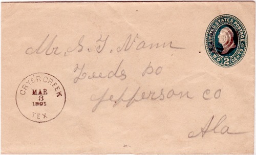 Cryer Creek, Texas 1891 postmark