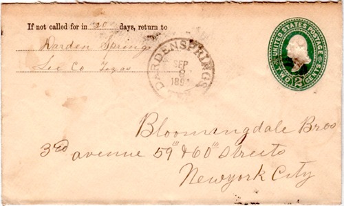 Darden Springs TX, Lee County - 1894 Postmark 