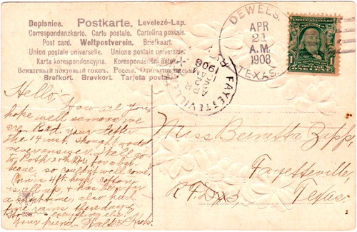 Dewees TX Wilson County 1908 postmark