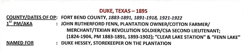 Duke TX Fort Bend Co 1895 Postmark , town & post office info