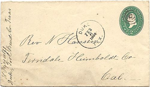 Duke TX Fort Bend Co 1895 Postmark 