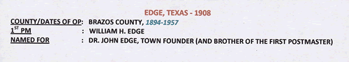 Edge, TX Brazos County  1908 Postmark info