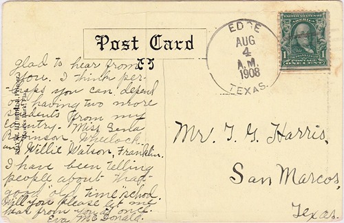 Edge, TX Brazos County  1908 Postmark 