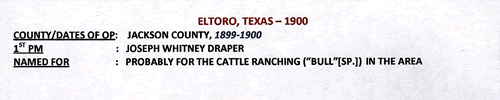 Jackson County El Toro TX Postmark info