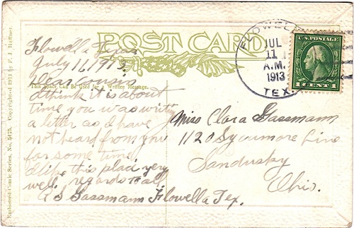 Brooks County   Flowella TX  1913 Postmark
