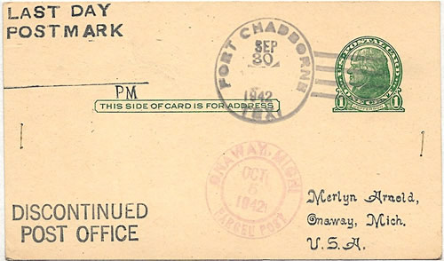 Fort Chadbourne TX 1942 Last Day  Postmark