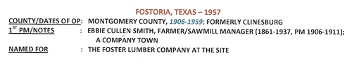 Fostoria, TX , Montgomery C ounty  - post office info